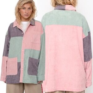 LAZY OAF Colorblock Corduroy Worker Jacket, Sz Medium, Pastel Pink Green Shacket